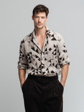 Men's casual linen geometric printed long-sleeved shirt